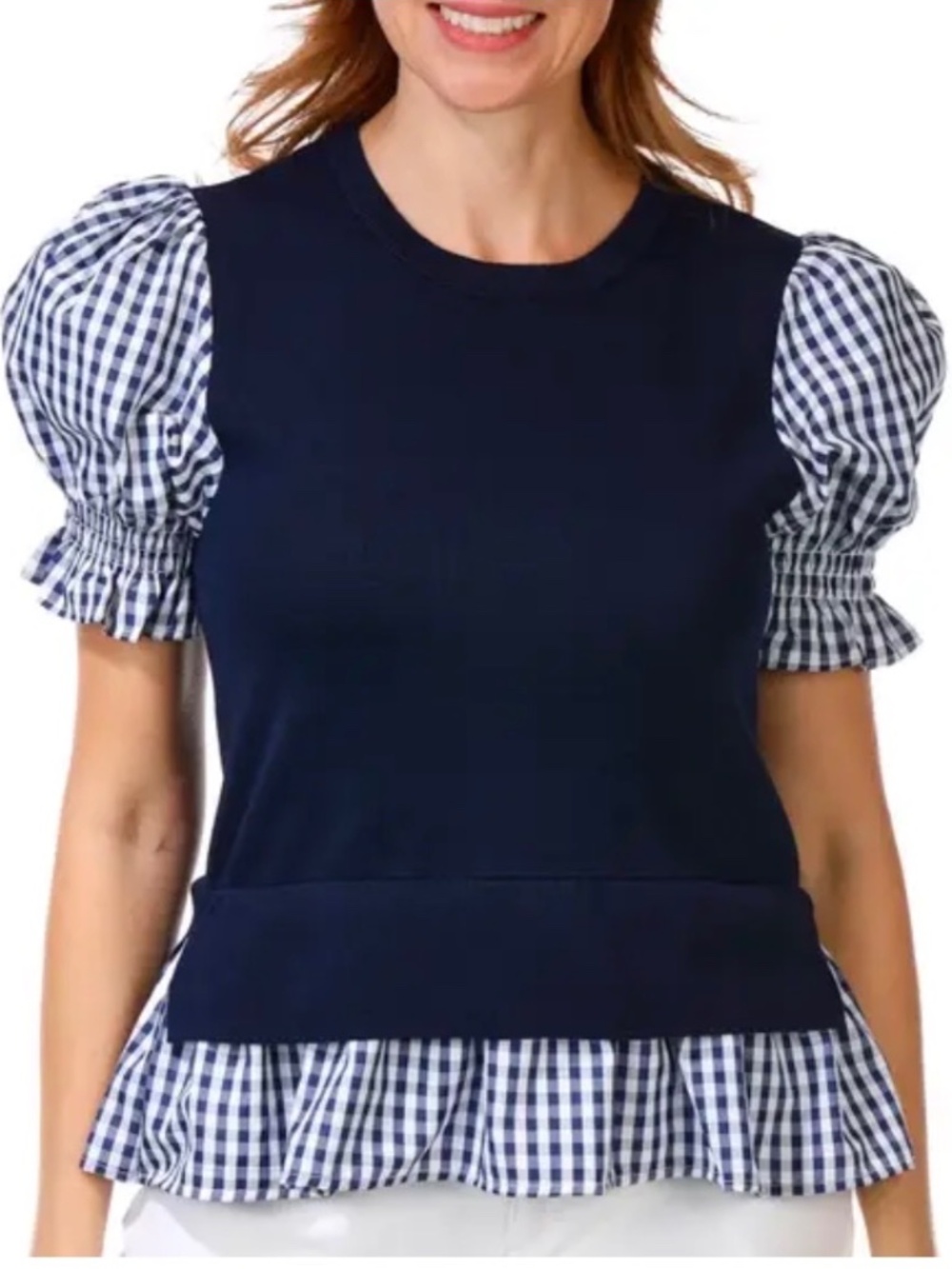 Nanette Lepore Women's Short Sleeve Twofer Gingham Print Top